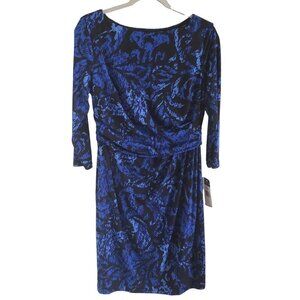 Chaps Woman NWT Size L Faux Wrap Blue and black Lined Floral Dress Business